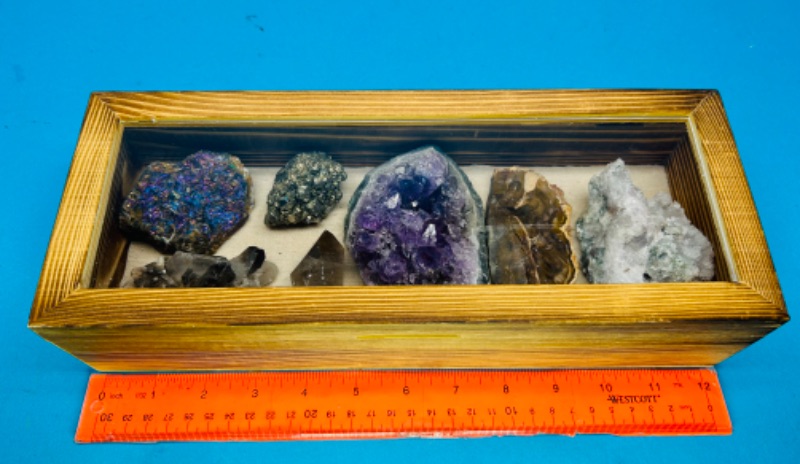 Photo 4 of 151495…collectible rocks in wood display box- amethyst, smokey quartz, petrified wood, pyrite-fools gold