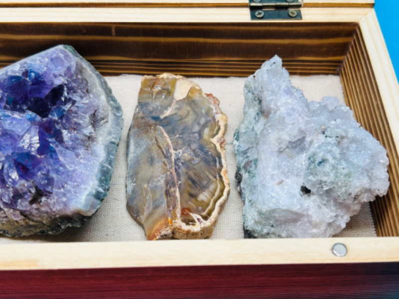 Photo 2 of 151495…collectible rocks in wood display box- amethyst, smokey quartz, petrified wood, pyrite-fools gold