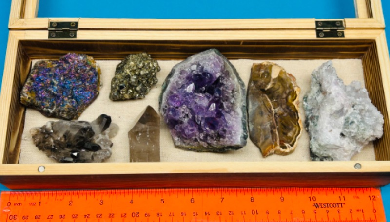 Photo 1 of 151495…collectible rocks in wood display box- amethyst, smokey quartz, petrified wood, pyrite-fools gold