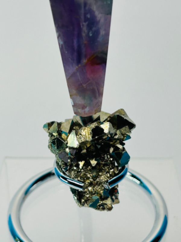 Photo 3 of 151498…6” green and purple fluorite septer and pyrite/fools gold on stand 