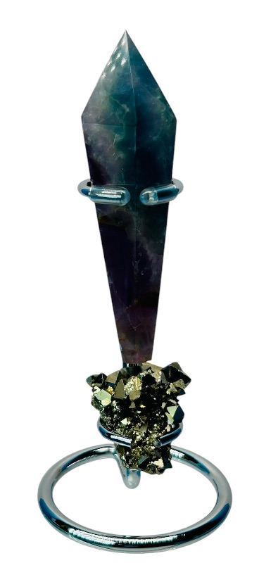 Photo 1 of 151498…6” green and purple fluorite septer and pyrite/fools gold on stand 