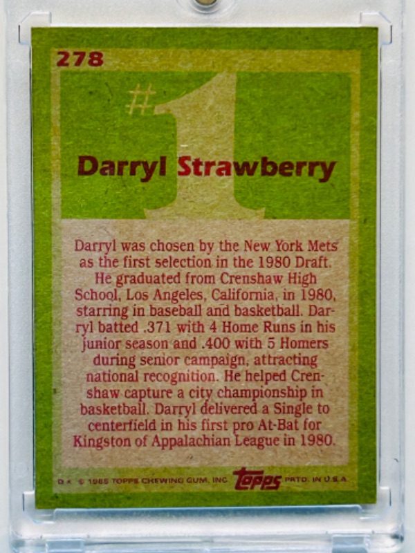 Photo 2 of 151535…topps 1985 Darryl Strawberry Rookie card 278 in hard plastic case