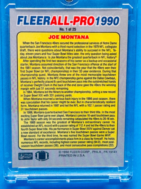 Photo 2 of 151538…fleer 1990 Joe Montana card 1  in hard plastic case