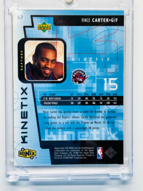 Photo 2 of 151539…Kinetix refractor Vince Carter rookie card K7  in hard plastic case