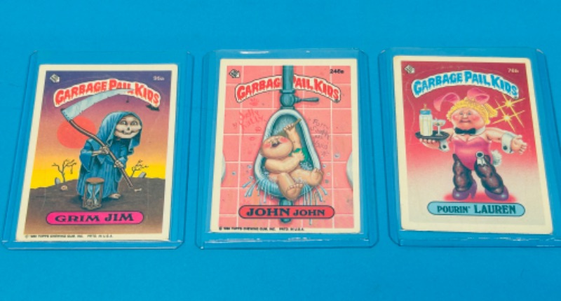 Photo 1 of 151548… 3 vintage garbage pail kids sticker cards in hard plastic sleeves 