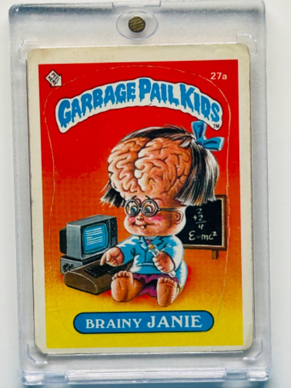 Photo 1 of 151553…vintage 1985 garbage pail kids brainy Janie sticker card in hard plastic case 