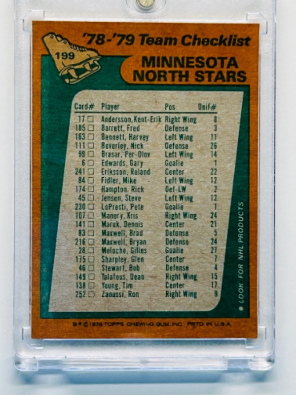 Photo 1 of 151555…vintage 1979 Minnesota North Stars team card 199 in hard plastic case 