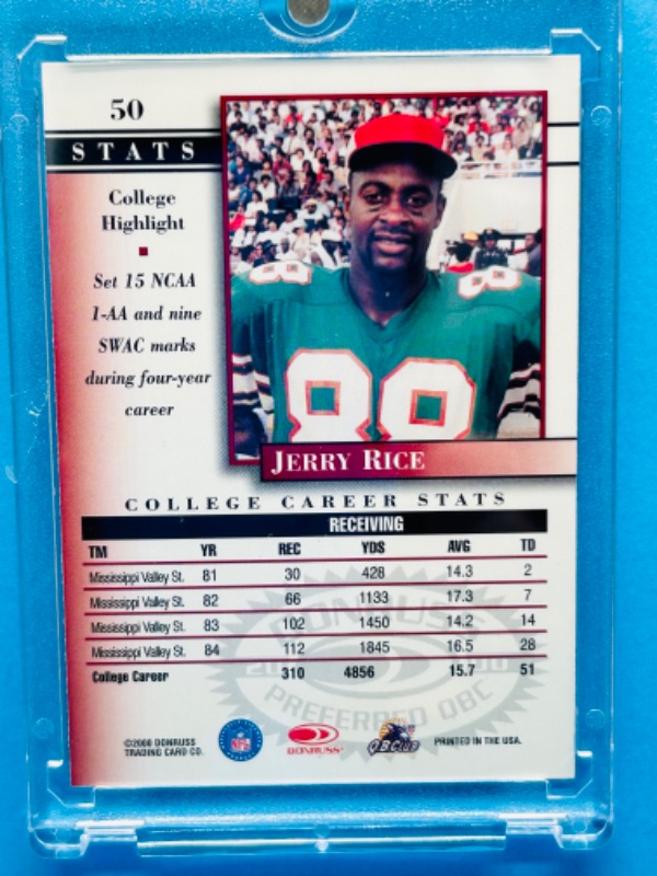 Photo 2 of 151569…Donruss Jerry Rice college  card 50 in hard plastic case 