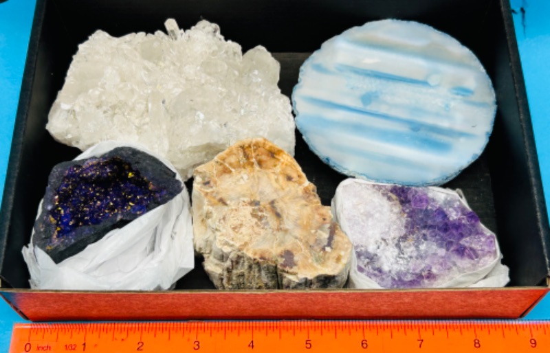 Photo 1 of 151581…collectible rocks in box- crystal cluster, agate , petrified wood, amethyst 