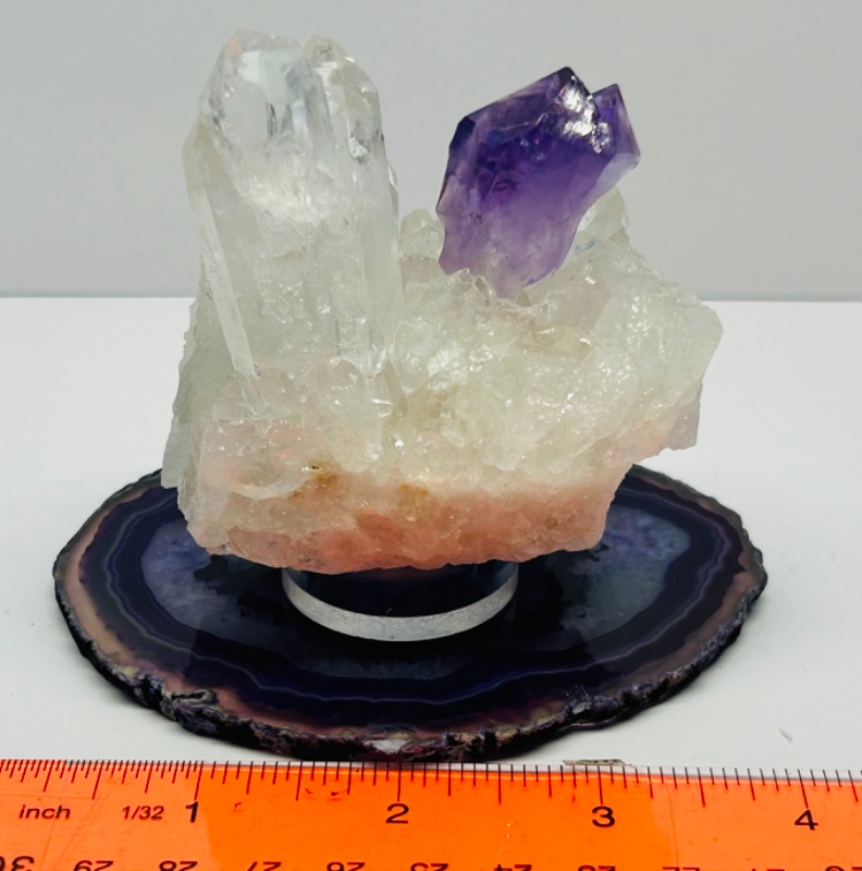 Photo 6 of 151595…3” crystal cluster and purple crystal on agate slice- purple crystal has been placed on cluster 