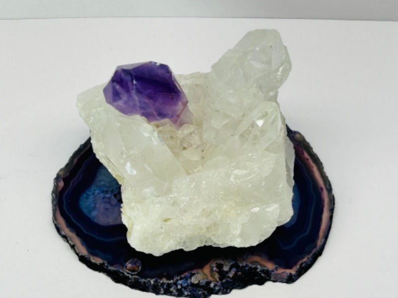 Photo 4 of 151595…3” crystal cluster and purple crystal on agate slice- purple crystal has been placed on cluster 