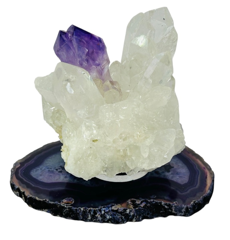 Photo 2 of 151595…3” crystal cluster and purple crystal on agate slice- purple crystal has been placed on cluster 