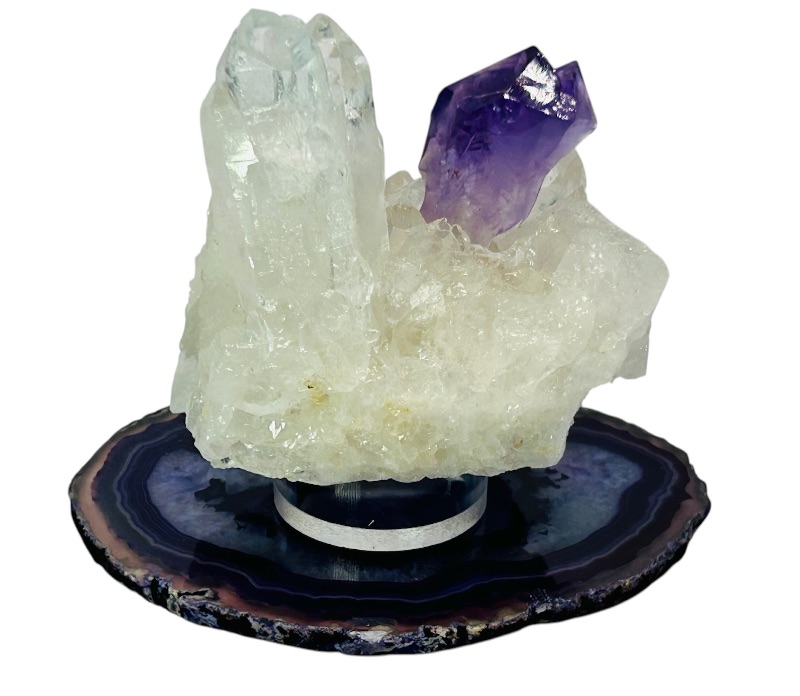 Photo 1 of 151595…3” crystal cluster and purple crystal on agate slice- purple crystal has been placed on cluster 