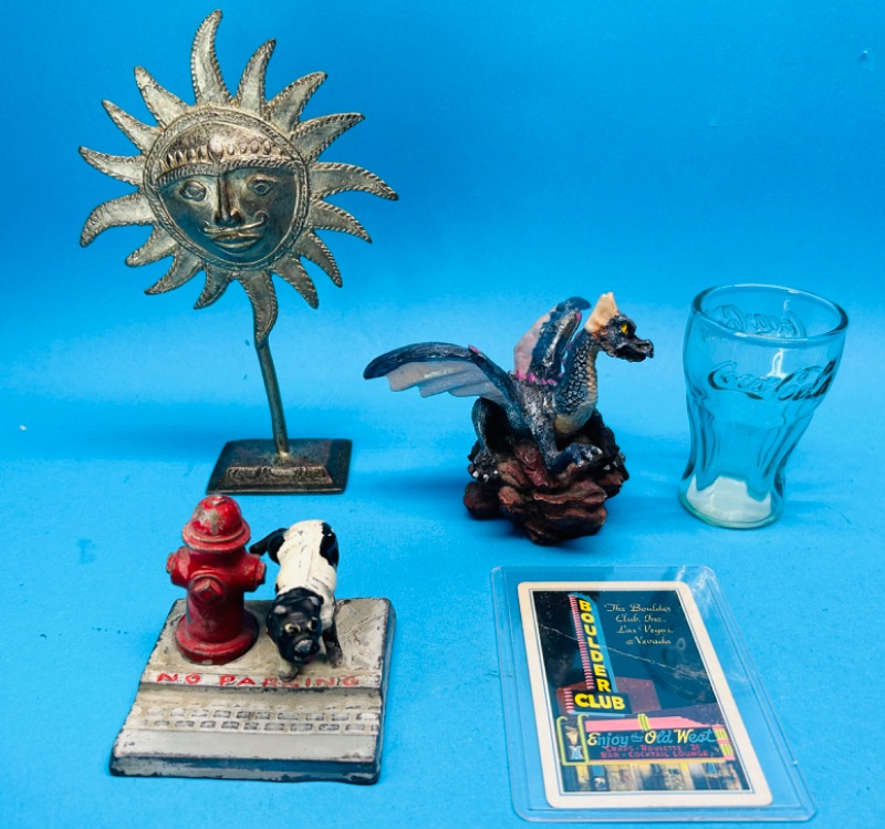 Photo 1 of 151655…vintage Vegas card, metal figures, and mini Coca Cola glass