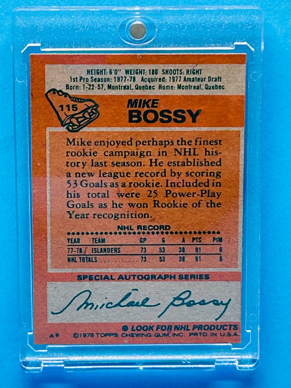 Photo 2 of 151758…Rookie Mike Bossy card 115 in hard plastic case 