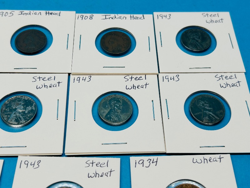 Photo 10 of 151792…circulated-4 vintage Indian Head pennies, 7 steel wheat and 3 wheat pennies -shows wear