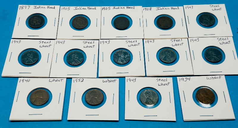 Photo 1 of 151792…circulated-4 vintage Indian Head pennies, 7 steel wheat and 3 wheat pennies -shows wear