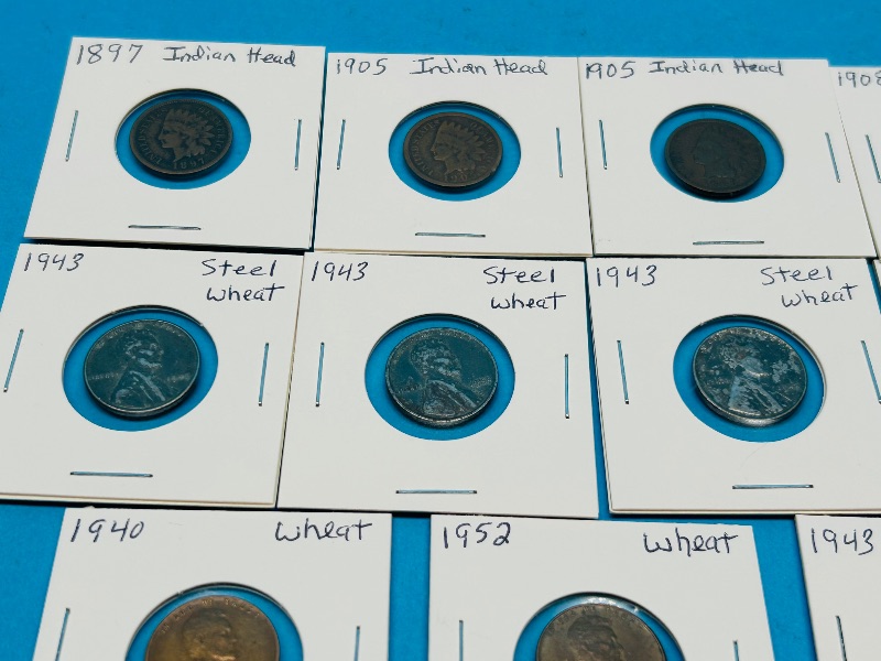 Photo 8 of 151792…circulated-4 vintage Indian Head pennies, 7 steel wheat and 3 wheat pennies -shows wear