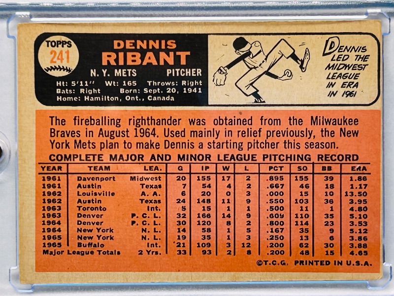 Photo 3 of 151804…ERROR PRINT- 1966 Dennis Ribant card 241 in hard plastic case 