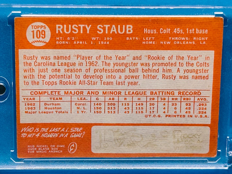 Photo 2 of 151810…vintage 1964 Rookie Rusty Staub card 109  in hard plastic case 