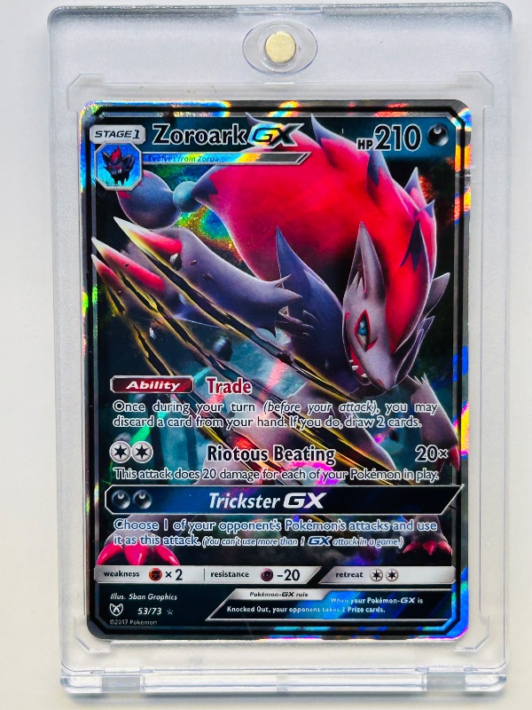 Photo 1 of 152144…Pokémon holo Zoroark GX card 53/73 in hard plastic case