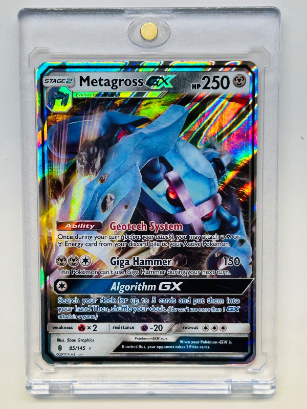 Photo 1 of 152149…Pokémon holo Metagross GX card 85/145 in hard plastic case