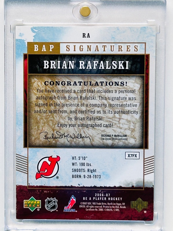 Photo 1 of 152157…Autographed Brian Rafalski card RA in hard plastic case
