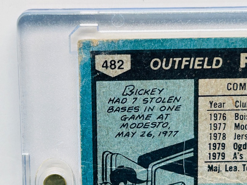 Photo 1 of 152158…Rookie Rickey Henderson card 482-condition issues-bends, stains, creases in hard plastic case