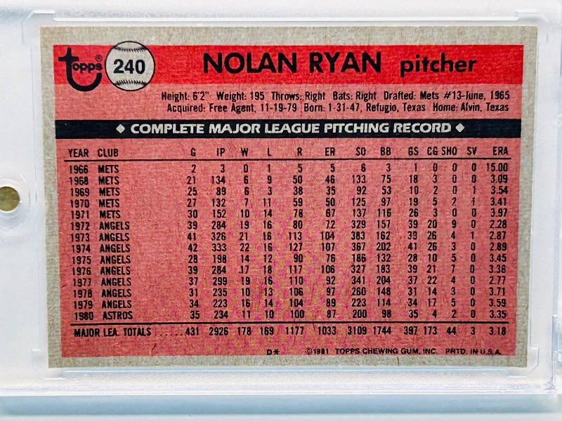 Photo 1 of 152160…Nolan Ryan card 240 in hard plastic case Topps 1981