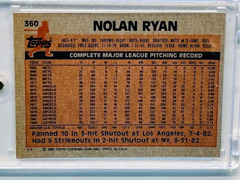 Photo 1 of 152163…Nolan Ryan card 360 in hard plastic case topps 1983