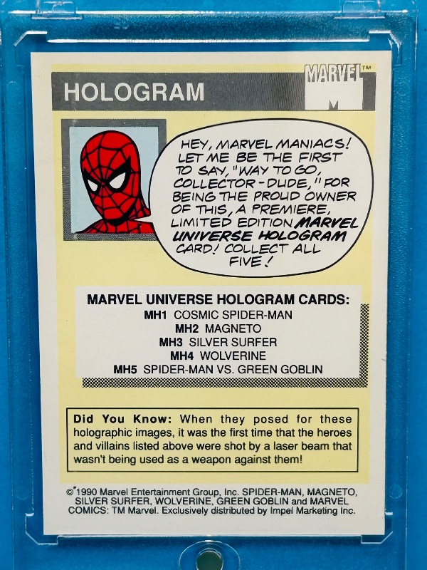 Photo 1 of 152253…marvel 1990 Hologram spider-Man vs. green goblin card MH5 in hard plastic case