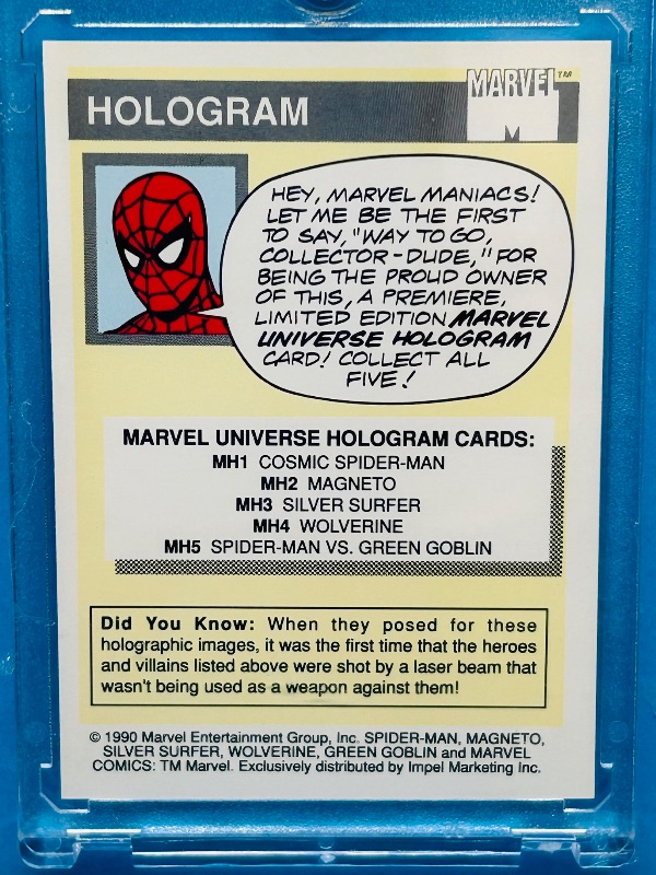 Photo 1 of 152255… marvel 1990 Hologram Cosmic spider-Man card MH1 in hard plastic case