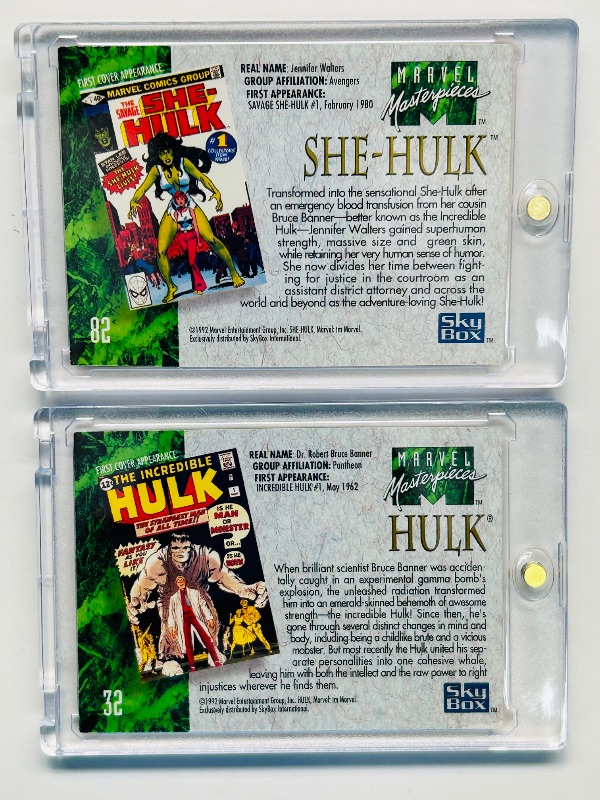 Photo 1 of 152276…marvel masterpieces Hulk and She-hulk cards  in hard plastic cases