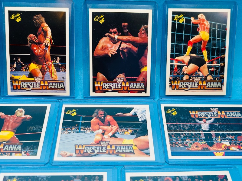 Photo 1 of 152283…15 vintage WWF Hulk Hogan wrestling cards in hard plastic sleeves 