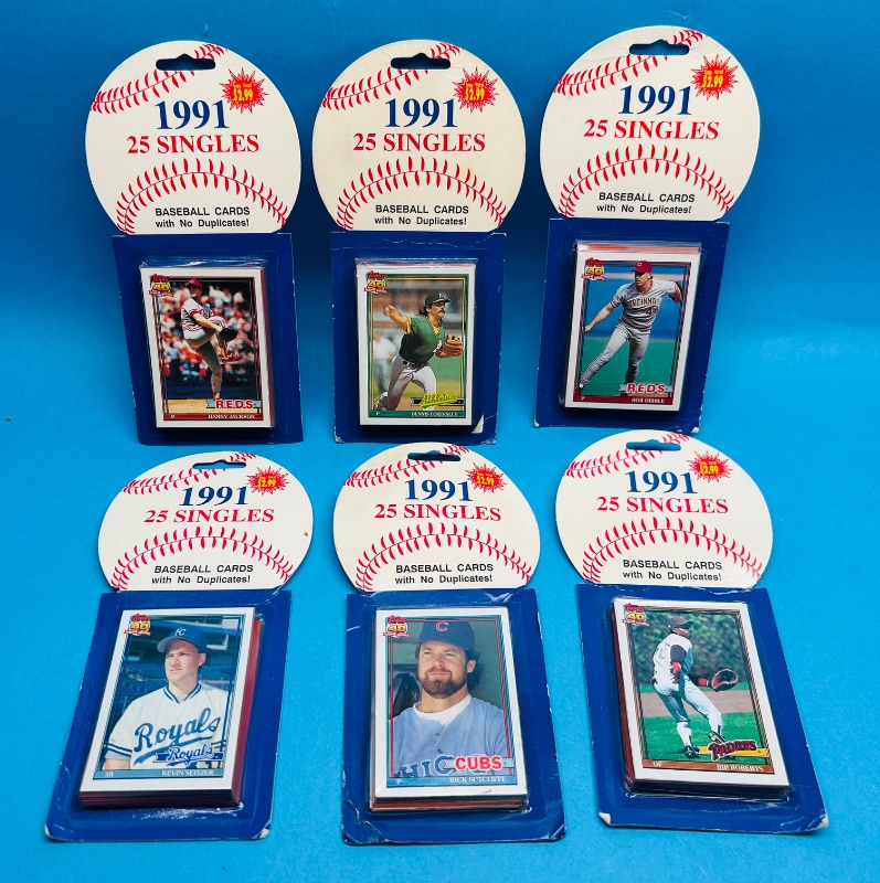 Photo 1 of 152295… final sale no returns/refunds- 6 sealed 1991 baseball card packs - some wear from age