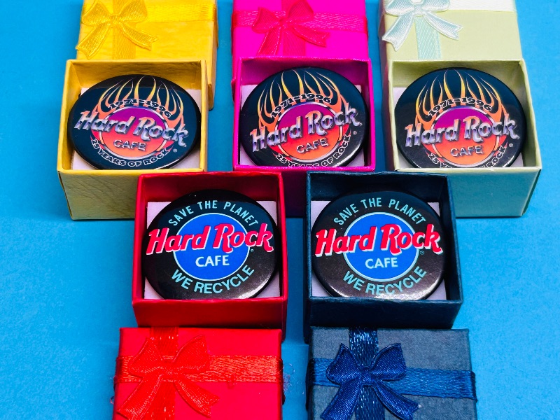 Photo 1 of 152346…5 small Hard Rock Cafe button pins in gift boxes 