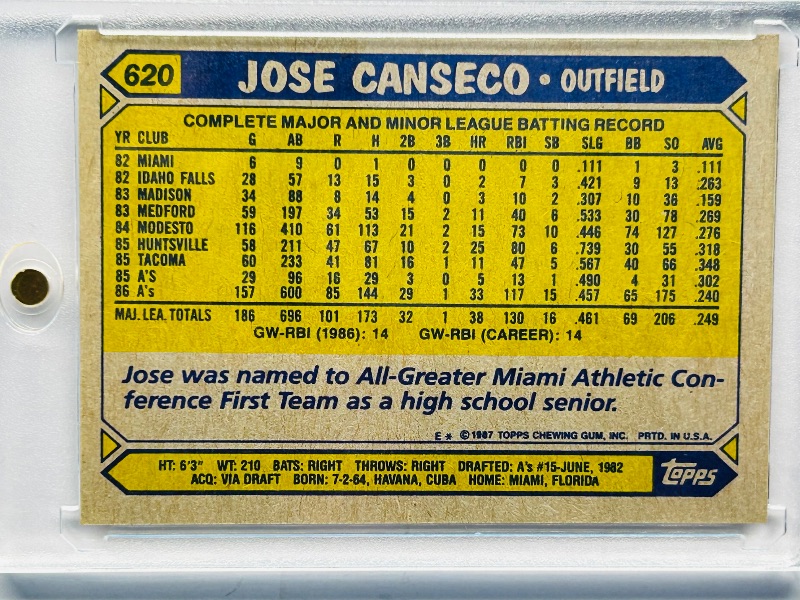 Photo 1 of 152439…Rookie Jose Canseco card 620 in hard plastic case