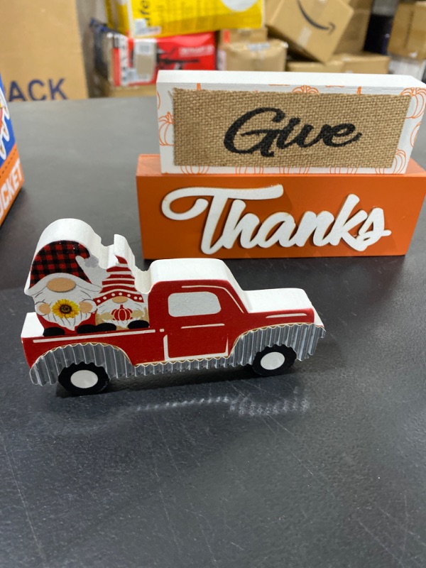 Photo 3 of 2 pack NEEDOMO Fall Decorations for Home, 3-Layered Wooden Truck Sign with Give Thanks Gnome Fall Decor, Thanksgiving Decorations for Living Room, Table, Tiered Tray, Mantel red white