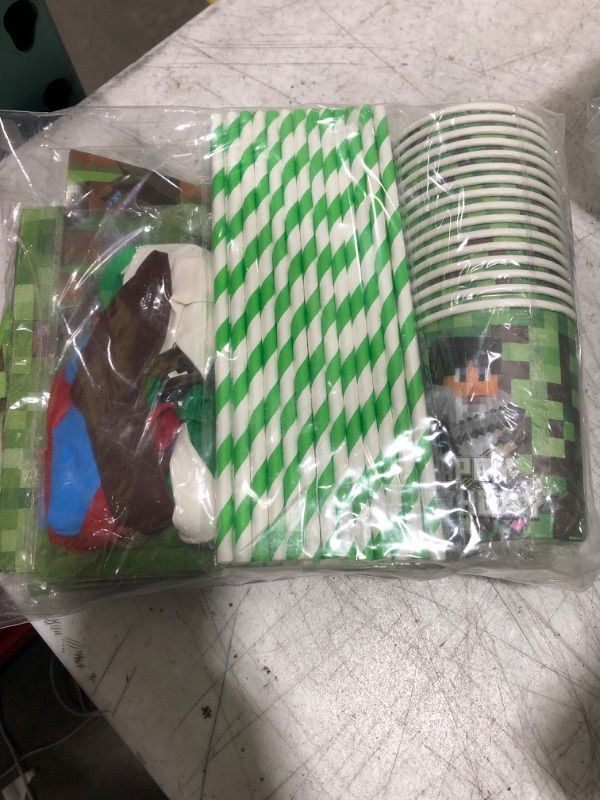 Photo 1 of Pixel Birthday Party Supplies Decorations Favors Kit for Boys Kids,Pixel Game Banner Plates Napkins Cups Tablecloth Balloons Straws