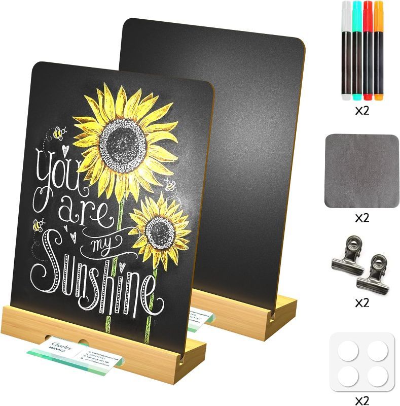 Photo 1 of Chalkboard Signs 8.3 x 11.7,Small Chalkboard Signs with Stand and Business Card Holder,Wood Table Top Food Signs Bar Sign Message Board Menu Board for Kitchen Home Party and Event Decorations
