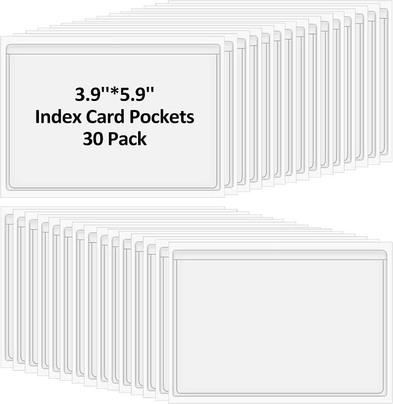 Photo 1 of 30 Pcs Self-Adhesive Index Card Holders Business Card Pockets Clear Plastic Labels Holders for Organizing Storage Bins Library Card Shelves (5.9 x 3.93 Inches)
