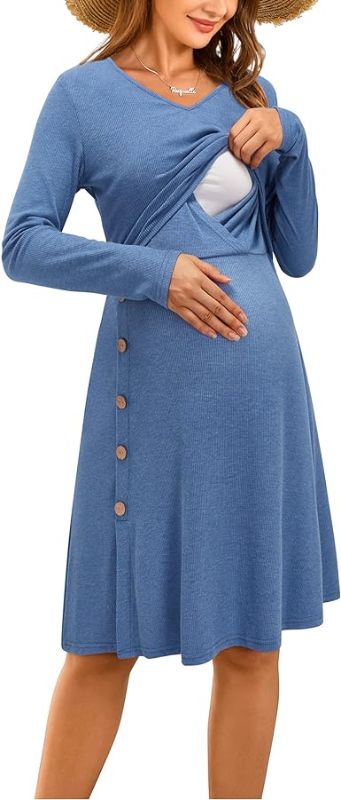 Photo 1 of OUGES Womens Short/Long Sleeve Maternity Dress Knee Length Breastfeeding Nursing Dress - Large

