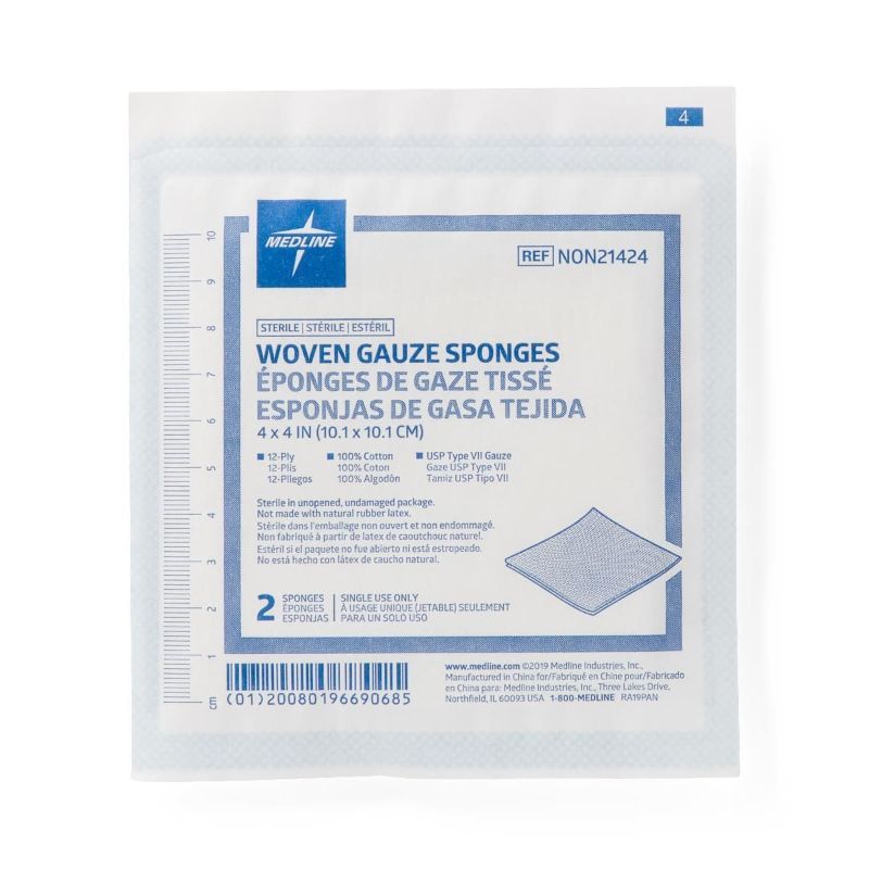 Photo 1 of Medline Sterile 100% Cotton Woven Gauze Sponges, 4" x 4", 12-Ply, Ideal for Wound Dressing and General Cleaning, Pack of 2
