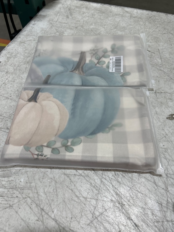 Photo 2 of 2 PACK - Fall Pillow Cover Autumn Decorative Throw Pillow Case 12x20 Inch Watercolor Pumpkins Eucalyptus Leaves Plaids Cushion Cover Aatumn Decor Faux Linen,Farmhouse,Thanksgiving Pumpkins on Grey Plaids