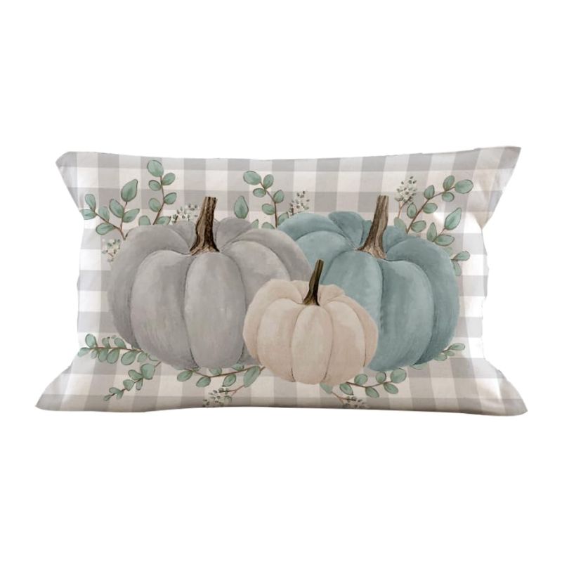 Photo 1 of 2 PACK - Fall Pillow Cover Autumn Decorative Throw Pillow Case 12x20 Inch Watercolor Pumpkins Eucalyptus Leaves Plaids Cushion Cover Aatumn Decor Faux Linen,Farmhouse,Thanksgiving Pumpkins on Grey Plaids