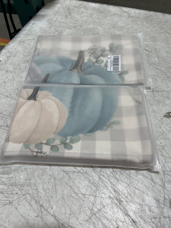 Photo 1 of 2 PACK - Fall Pillow Cover Autumn Decorative Throw Pillow Case 12x20 Inch Watercolor Pumpkins Eucalyptus Leaves Plaids Cushion Cover Aatumn Decor Faux Linen,Farmhouse,Thanksgiving Pumpkins on Grey Plaids