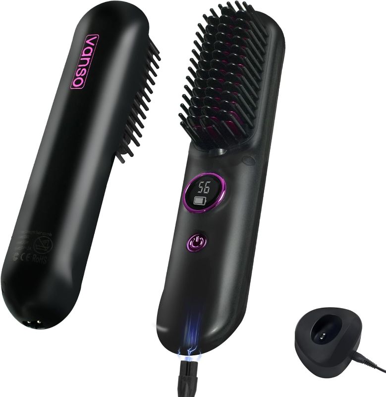 Photo 1 of Cordless Hair Straightener Brush, Portable Hair Straightener,Negative Ion Straightener Styling Comb with USB,Wireless Straightner for Hairstyler Salon,9 Temp Settings,Mini for Travel
