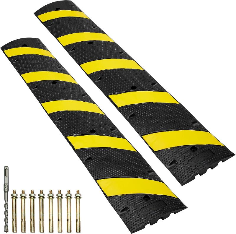 Photo 1 of VEVOR 2PCs 6 ft/72'' Rubber Speed Hump, 2 Channel, 22000 lbs Capacity Heavy Duty Traffic Speed Bump, with High Reflective Yellow Strip 8 Expansion Screws and 1 Drill, for Asphalt Concrete Gravel Roads
