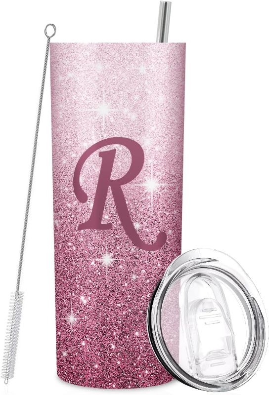 Photo 1 of Initial R Tumbler Cup Gifts, Monogrammed Gifts for Women, Personalized Tumblers with Lids and Straws for Women 20oz, Personalized Gifts for Girls Women Mom Teacher Birthday Wedding Graduation
