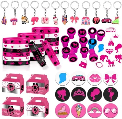 Photo 1 of Ertyjikg Pink Party Favors Kit Pink Girl Party Bags,Pink Bracelets,Pink Keychains,Pink Stampers,Pink Button Pins,Pink Party Supplies for Let's Go Party Favors